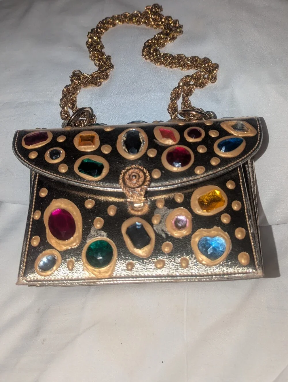 Vintage Meyers Gold Jeweled Metallic Crossbody with Multicolor Gem Accents